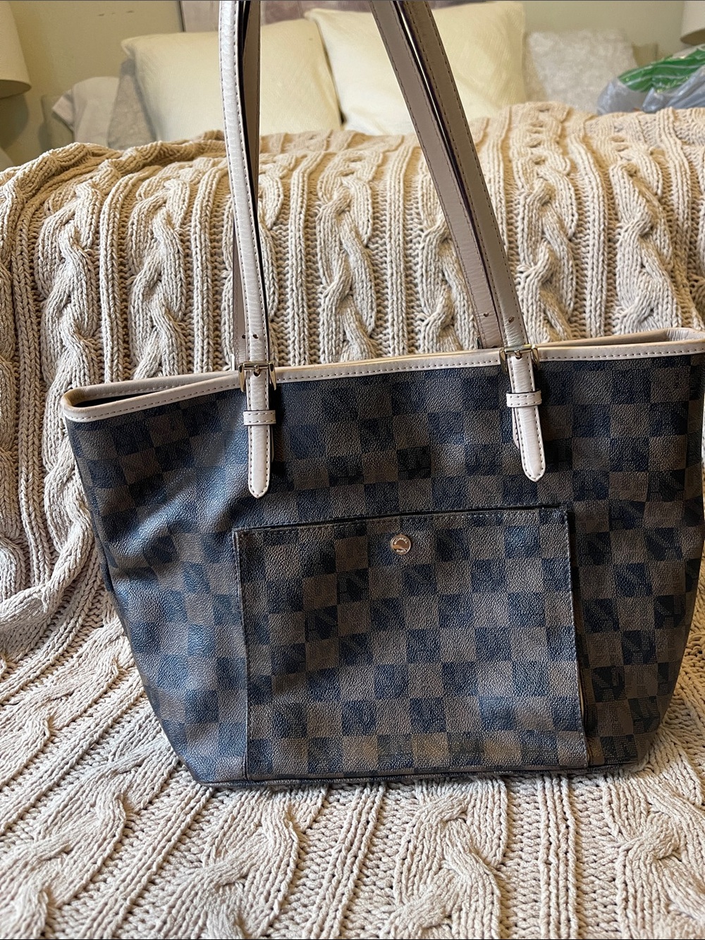 Michael Kors Dark Brown Checkered Tote with Cream Trim